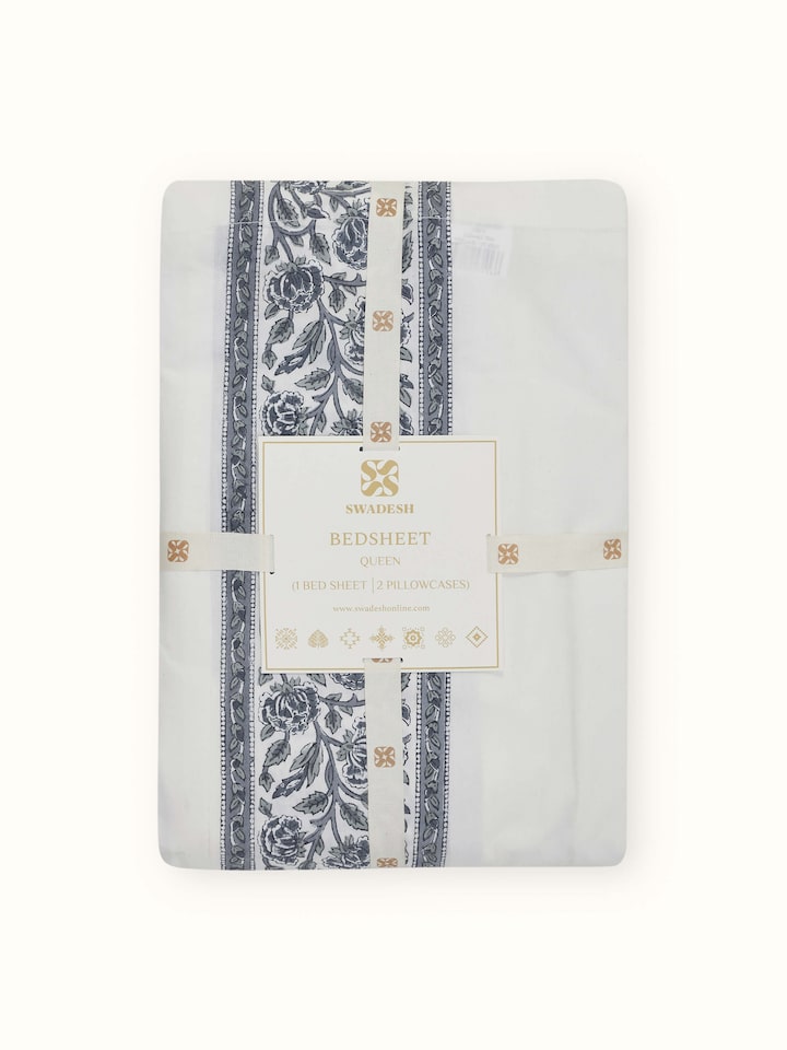 Top view of Saha grey floral cotton Sanganeri block printed queen bedsheet set showing the full layout and pattern of the bedsheet and pillow covers