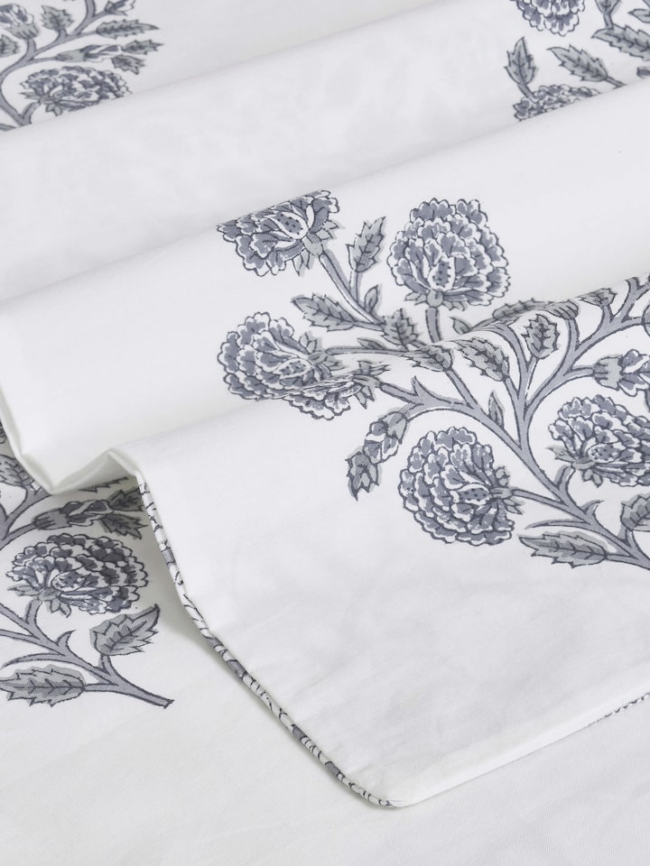 Close-up of Saha grey floral cotton Sanganeri block printed queen bedsheet set highlighting the intricate floral design on the bedsheet