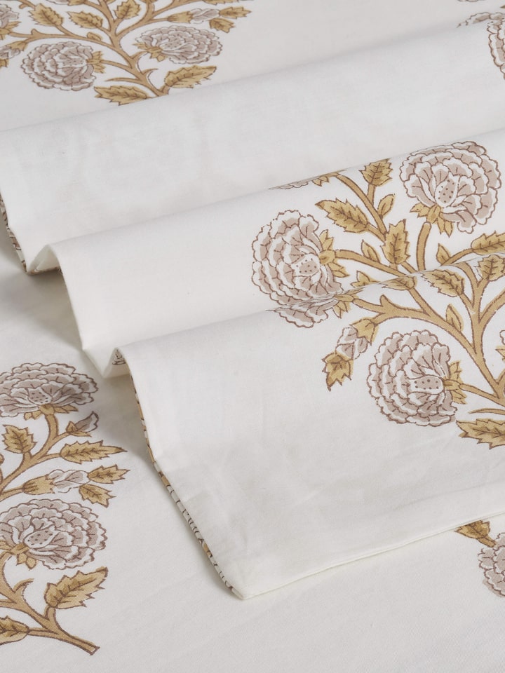Back view of Saha brown floral cotton Sanganeri block printed queen bedsheet set, emphasizing the bedsheet’s texture