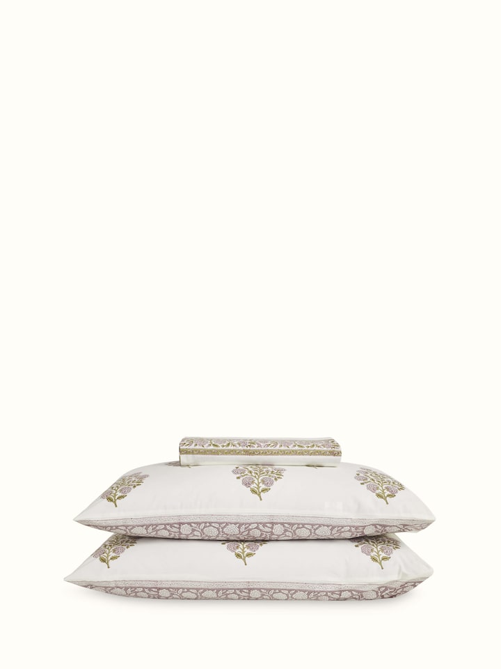 Saha lavender floral cotton Sanganeri block printed queen bedsheet set, showing the complete set on a bed with a detailed floral pattern in lavender and white