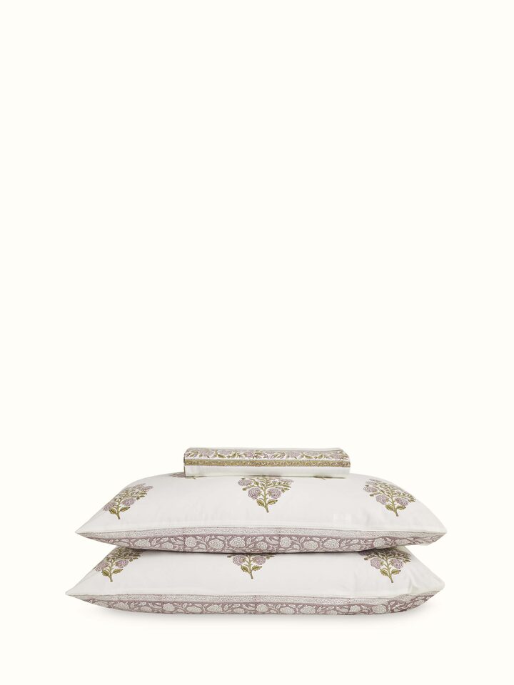 Saha Lavender Floral Cotton Sanganeri Block Printed King Bedsheet Set (3 pcs) displayed on a bed, showing the floral design.
