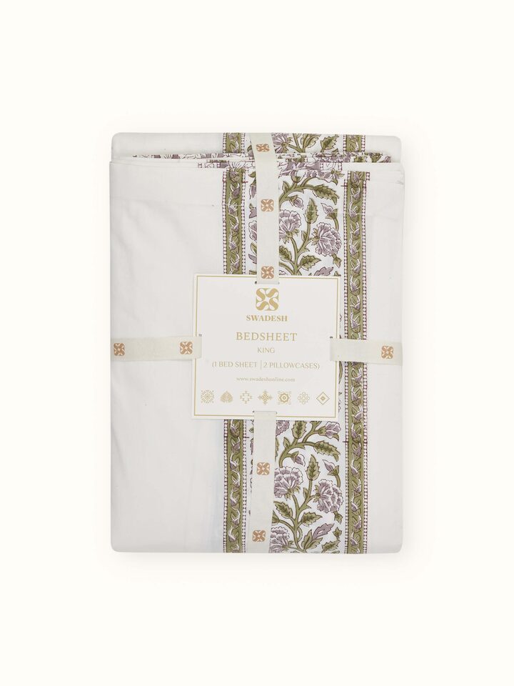 Full view of Saha Lavender Floral Cotton Sanganeri Block Printed King Bedsheet Set (3 pcs) folded, displaying the complete set.