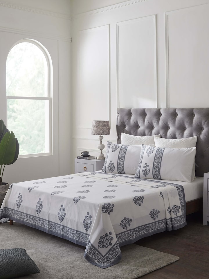 Side view of Saha grey buta cotton Sanganeri block printed queen bedsheet set (3 pcs) highlighting the intricate block print design.