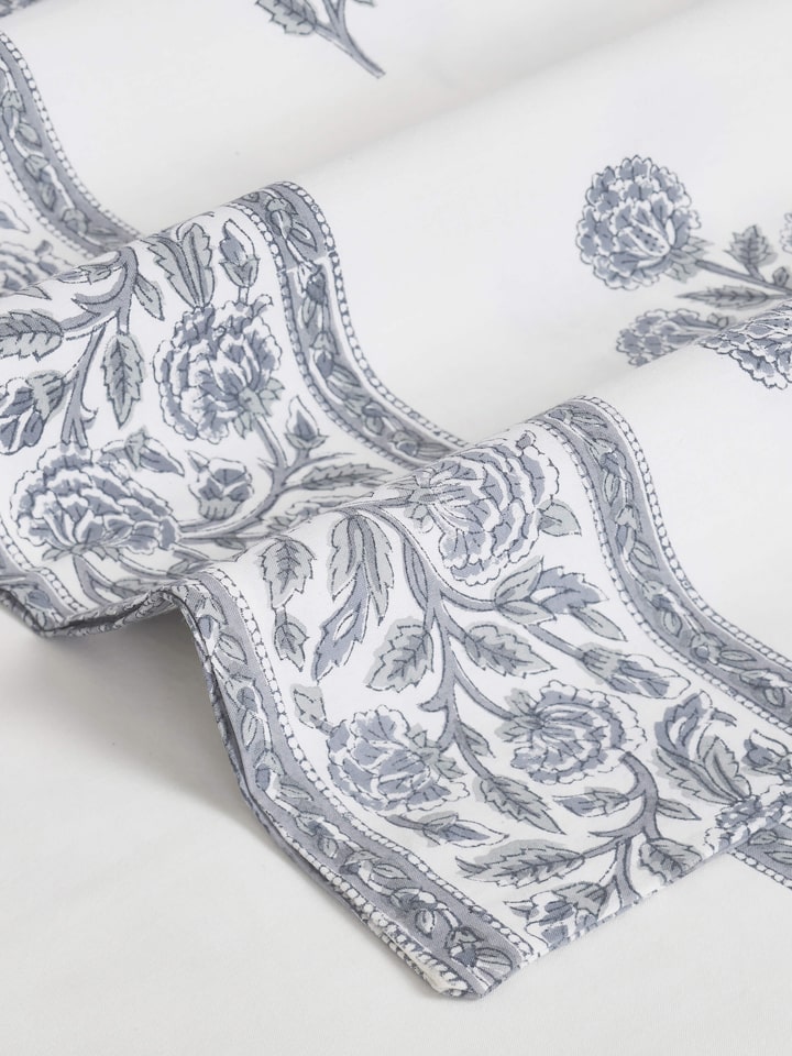 Folded view of Saha grey buta cotton Sanganeri block printed queen bedsheet set (3 pcs) displaying the overall print and fabric.