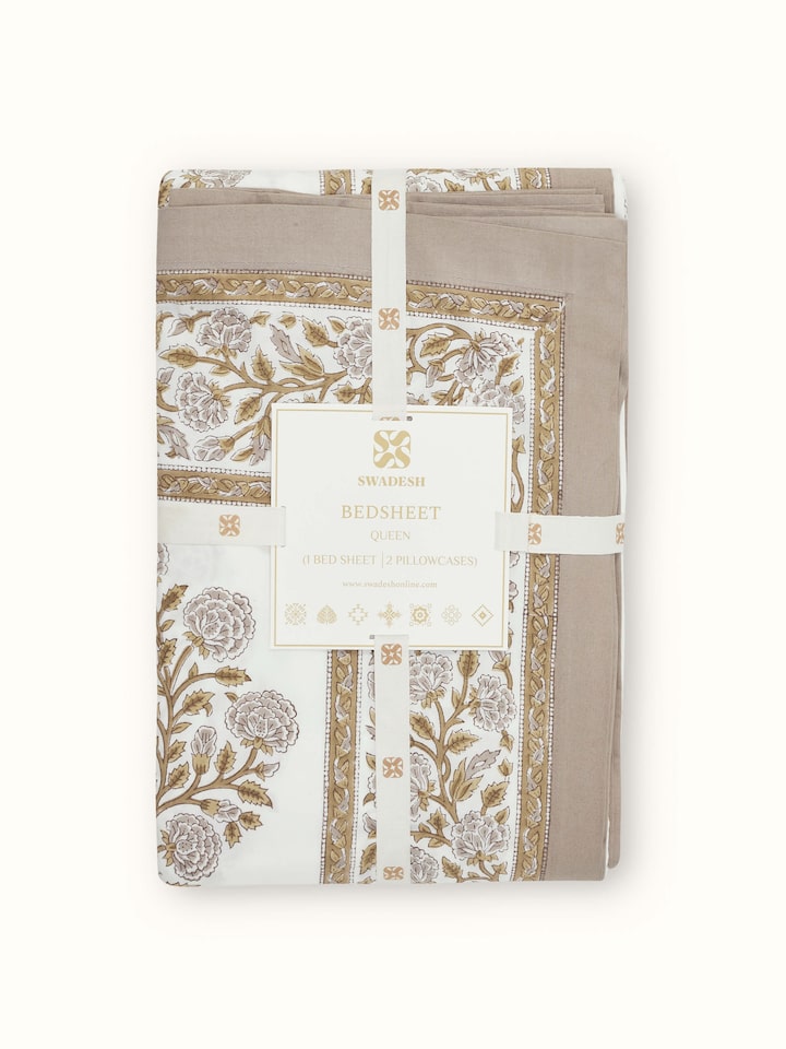 Angled view of Saha Brown Buta Cotton Sanganeri Block Printed Queen Bedsheet Set (3 pcs), showing the complete set and block print pattern.