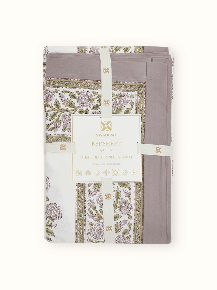 Full view of the lavender buta cotton Sanganeri block printed queen bedsheet set, showcasing its elegant design and overall look
