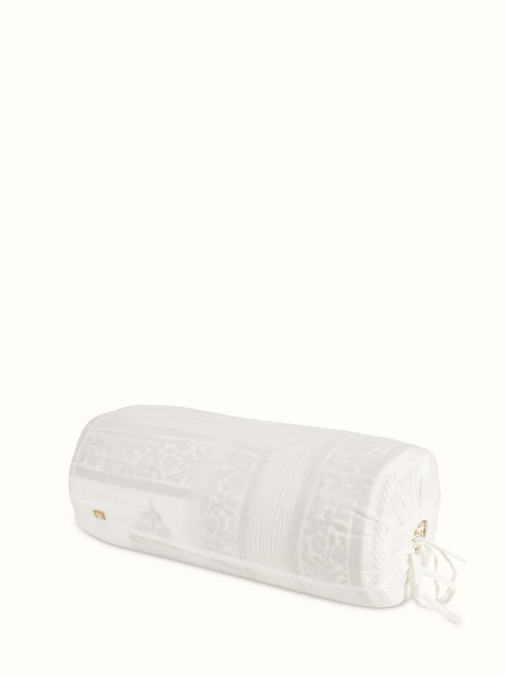 Saha brown buta cotton Sanganeri block printed double quilt spread out to show the texture and pattern details.