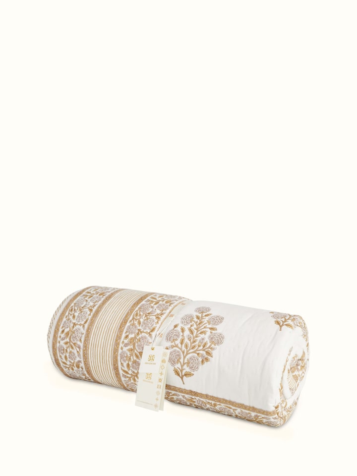 Full view of Saha brown buta cotton Sanganeri block printed double quilt displaying the overall design and print.