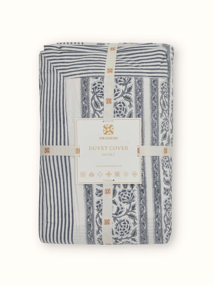 Close-up of Saha grey buta stripe cotton Sanganeri block printed queen duvet cover, emphasizing the quality of the block printing and cotton fabric.