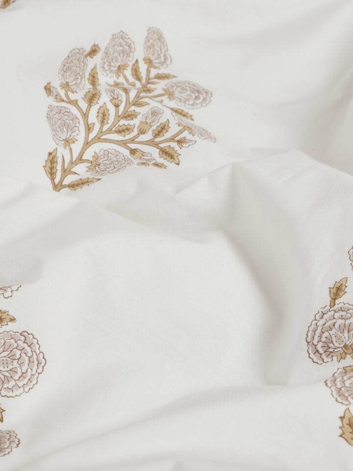 Side view of Saha brown buta stripe cotton Sanganeri block printed queen duvet cover, demonstrating how it fits over a queen-sized bed