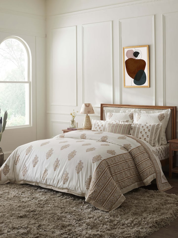 Close-up of Saha brown buta stripe cotton Sanganeri block printed queen duvet cover, highlighting the block print details and fabric texture