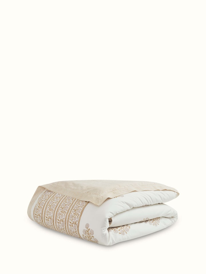 Front view of Saha brown buta stripe cotton Sanganeri block printed queen duvet cover, showcasing the intricate brown buta and stripe design
