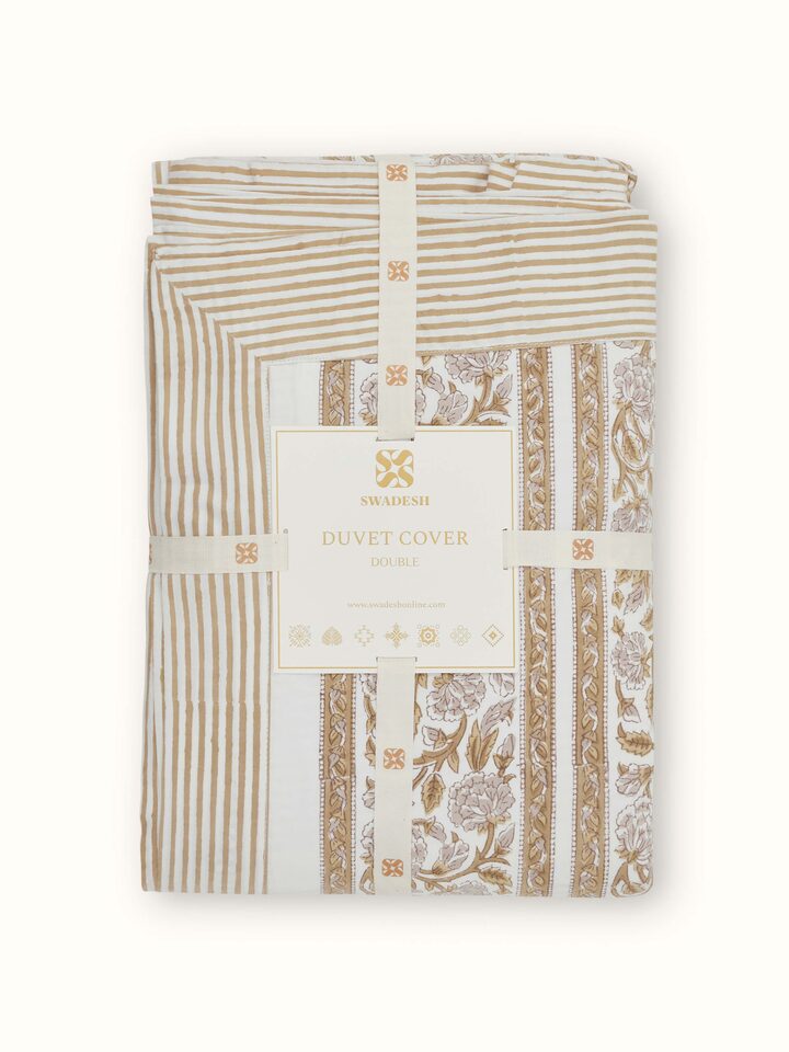 Detailed view of the fabric and block print design on Saha brown buta stripe cotton Sanganeri queen duvet cover, showcasing the craftsmanship