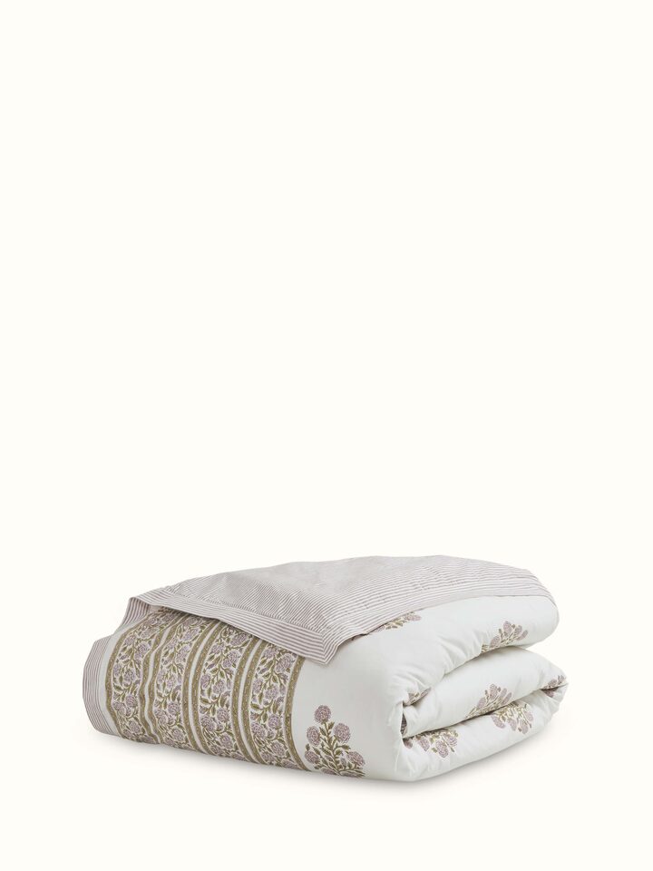 Full view of Saha Lavender Buta Stripe Cotton Sanganeri Block Printed Queen Duvet Cover, showcasing its delicate lavender buta design.