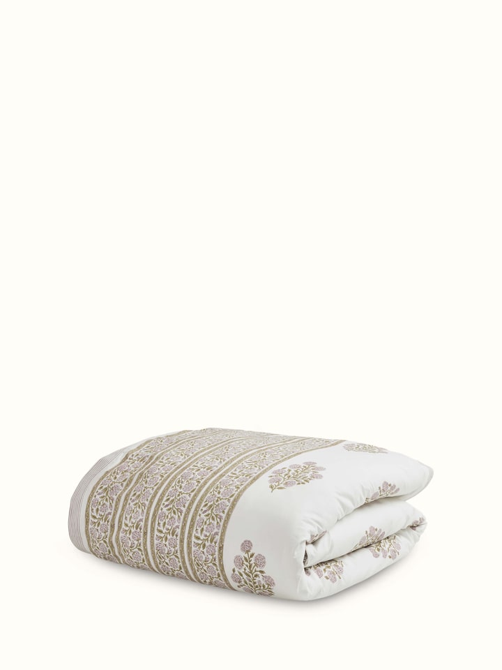 Detailed view of Saha Lavender Buta Stripe Cotton Sanganeri Block Printed Queen Duvet Cover, focusing on the softness and print design.