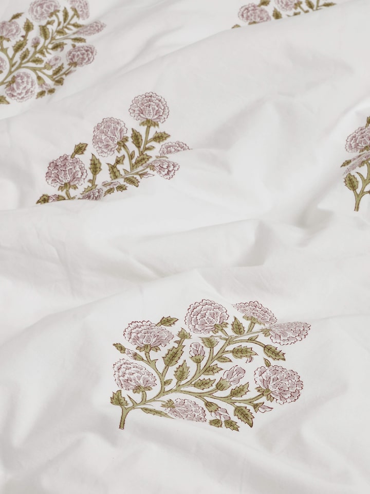 Angled view of Saha Lavender Buta Stripe Cotton Sanganeri Block Printed Queen Duvet Cover, showing the duvet cover in a styled setting.