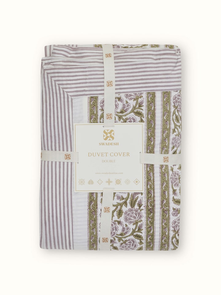 Full shot of Saha Lavender Buta Stripe Cotton Sanganeri Block Printed Queen Duvet Cover, displaying its complete design and lavender hues.