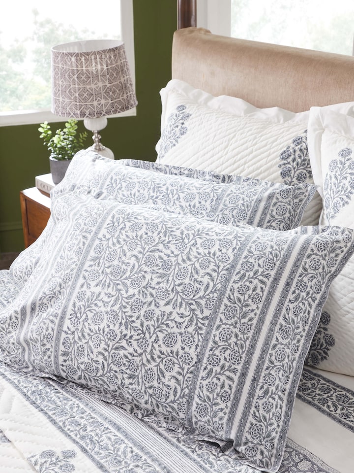 Side view of Saha grey floral jaal cotton Sanganeri block printed pillow shams featuring detailed floral block print.