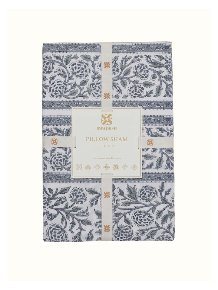 Detailed view of Saha grey floral jaal cotton Sanganeri block printed pillow shams with delicate jaal print.