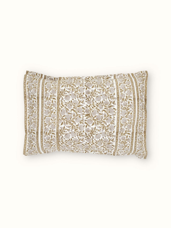 Detailed view of Saha brown jaal cotton Sanganeri block printed pillow shams (2 pcs), showing the intricate jaal pattern and block print.