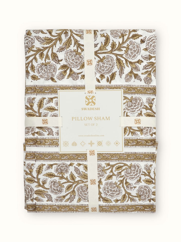 Saha brown jaal cotton Sanganeri block printed pillow shams (2 pcs) arranged on a bed, emphasizing their design and style.