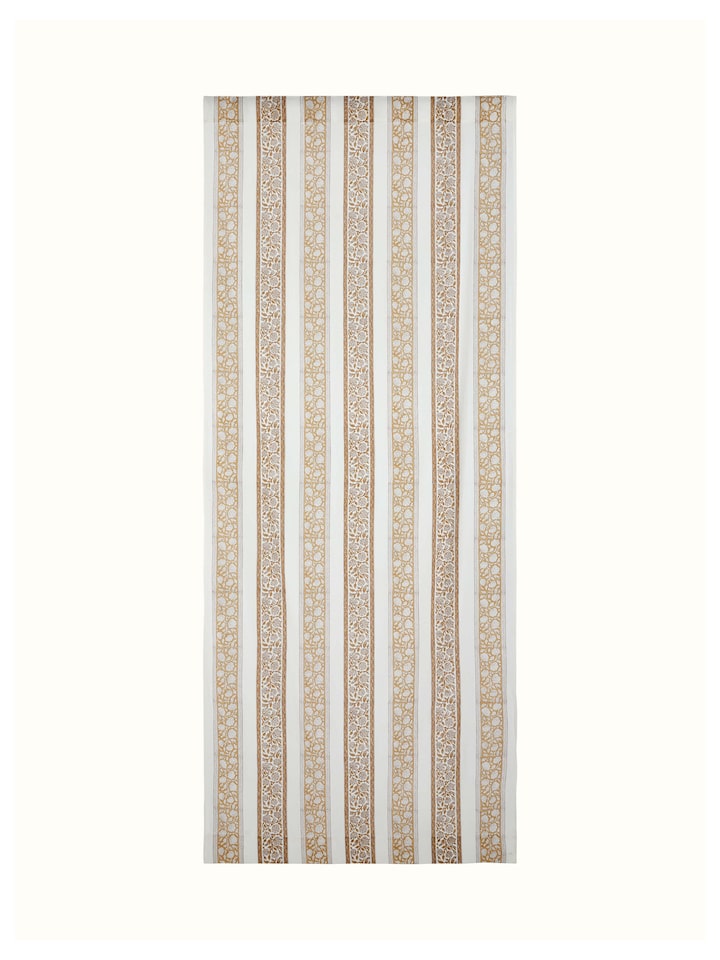 Full view of Saha brown floral stripe cotton Sanganeri block printed sheer curtain (9 ft) showcasing the brown floral and stripe design.