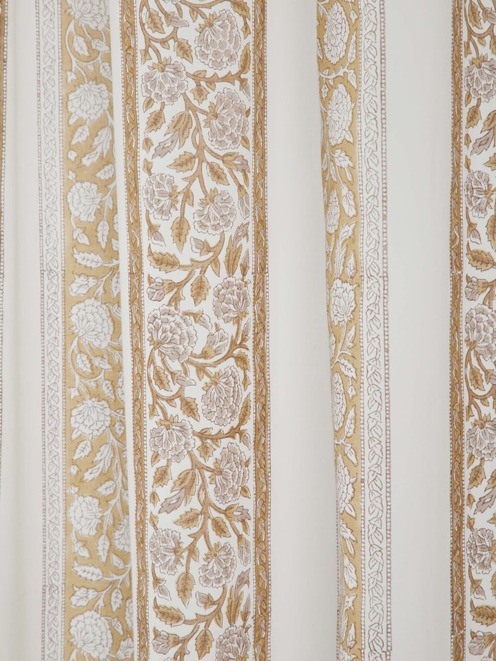 Detailed view of Saha brown floral stripe cotton Sanganeri block printed sheer curtain (9 ft) showing the intricate block print and fabric texture.