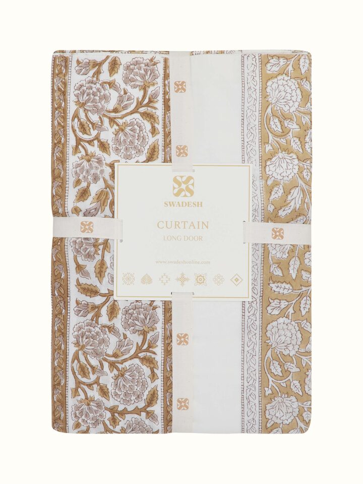 Full-length view of Saha brown floral stripe cotton Sanganeri block printed sheer curtain (9 ft) demonstrating its drape and floral stripe design.