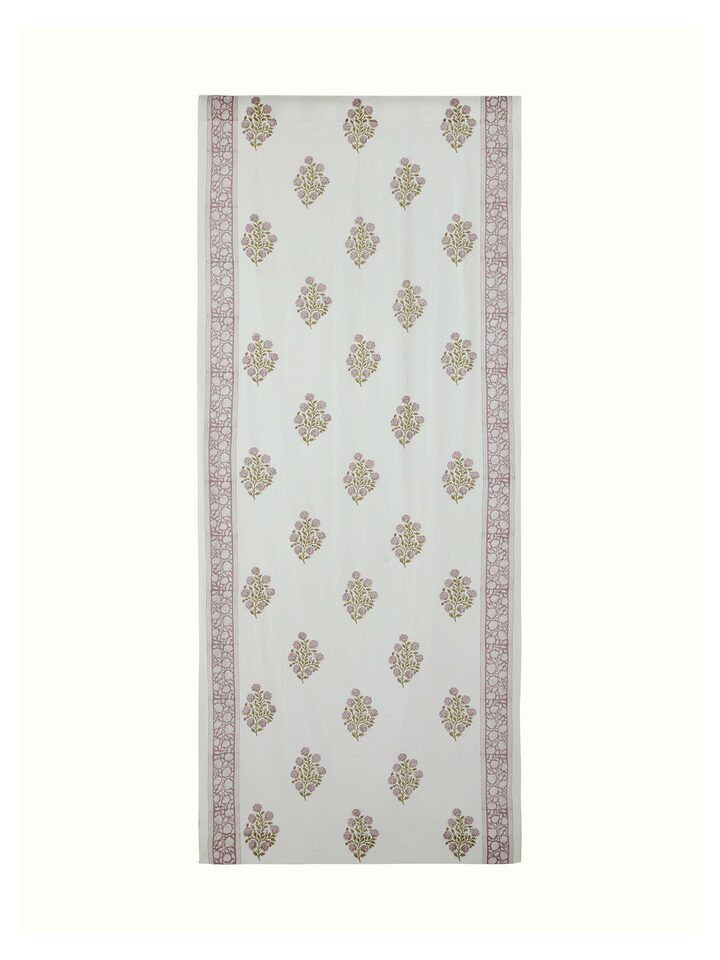 Full view of Sanjhi light purple floral cotton Sanganeri block printed sheer curtain (9 ft) showing the floral design and light purple color