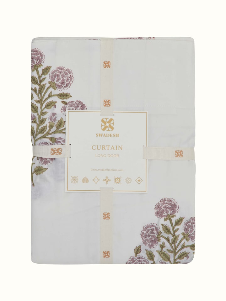 Detailed view of Sanjhi light purple floral cotton Sanganeri block printed sheer curtain (9 ft) emphasizing the floral pattern and sheer texture