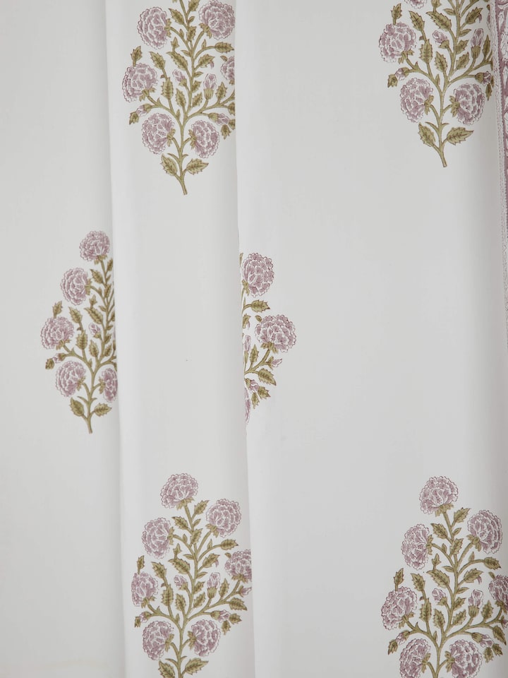 Full view of Sanjhi light purple floral cotton Sanganeri block printed sheer curtain (9 ft) hanging, showcasing its design and flow