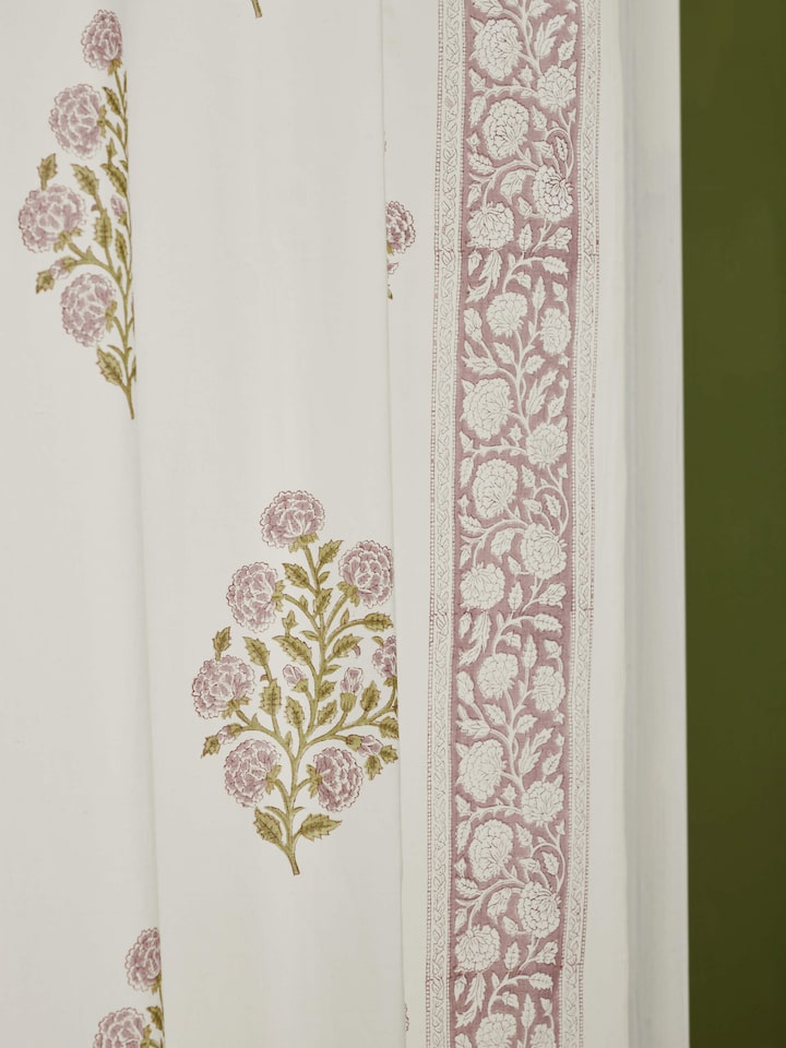 Close-up of Sanjhi light purple floral cotton Sanganeri block printed sheer curtain (9 ft) focusing on the intricate block print and light purple color