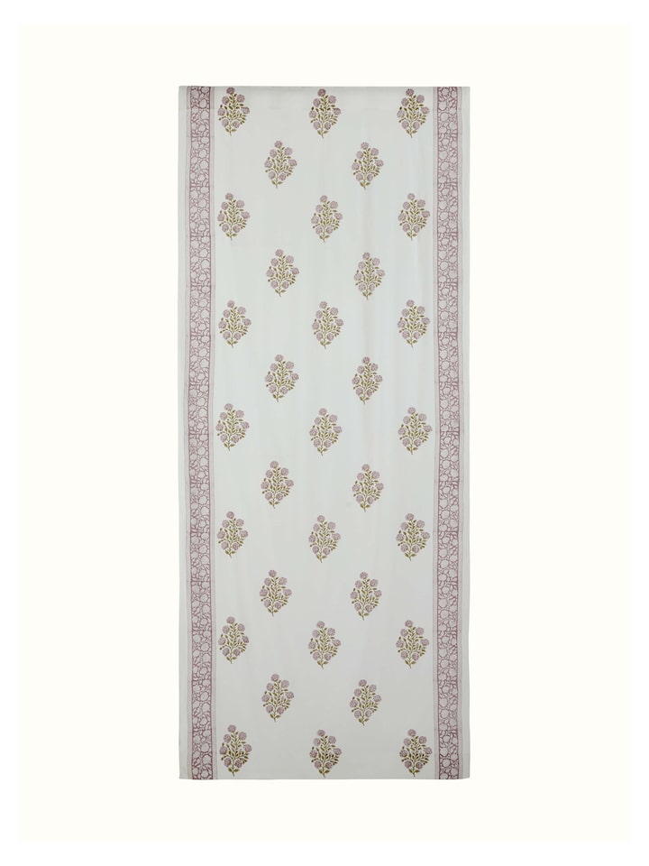 Light purple floral Sanganeri block printed sheer curtain, showcasing its delicate pattern and soft fabric.