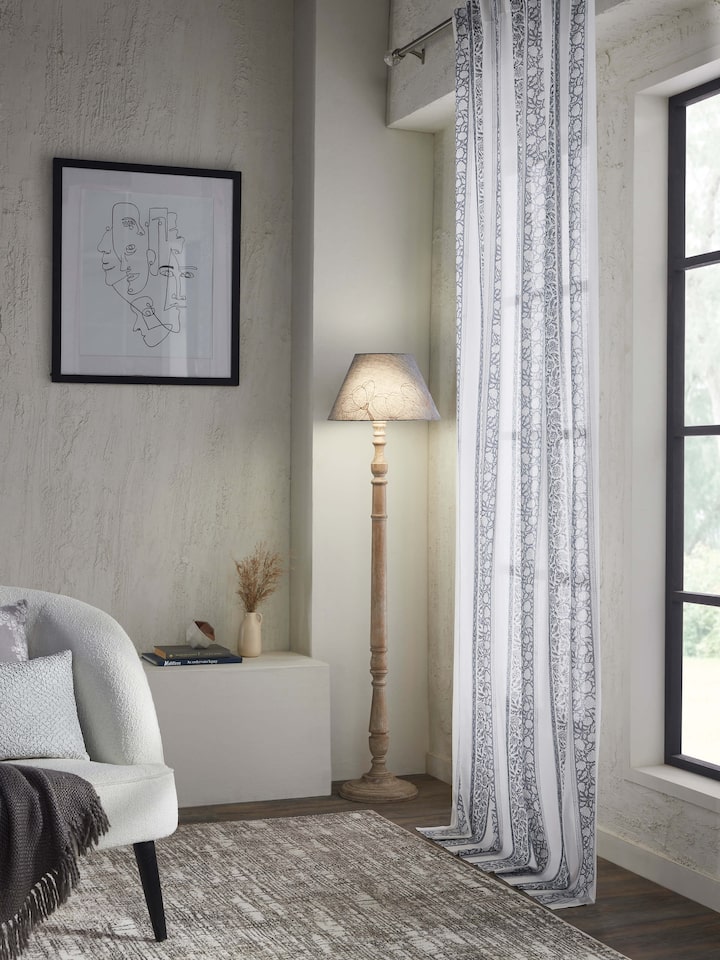 Close-up of Saha grey floral stripe cotton Sanganeri block printed sheer curtain (9 ft) highlighting the intricate floral stripe pattern.