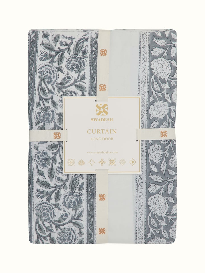 Full view of Saha grey floral stripe cotton Sanganeri block printed sheer curtain (9 ft) displaying the overall floral stripe design.