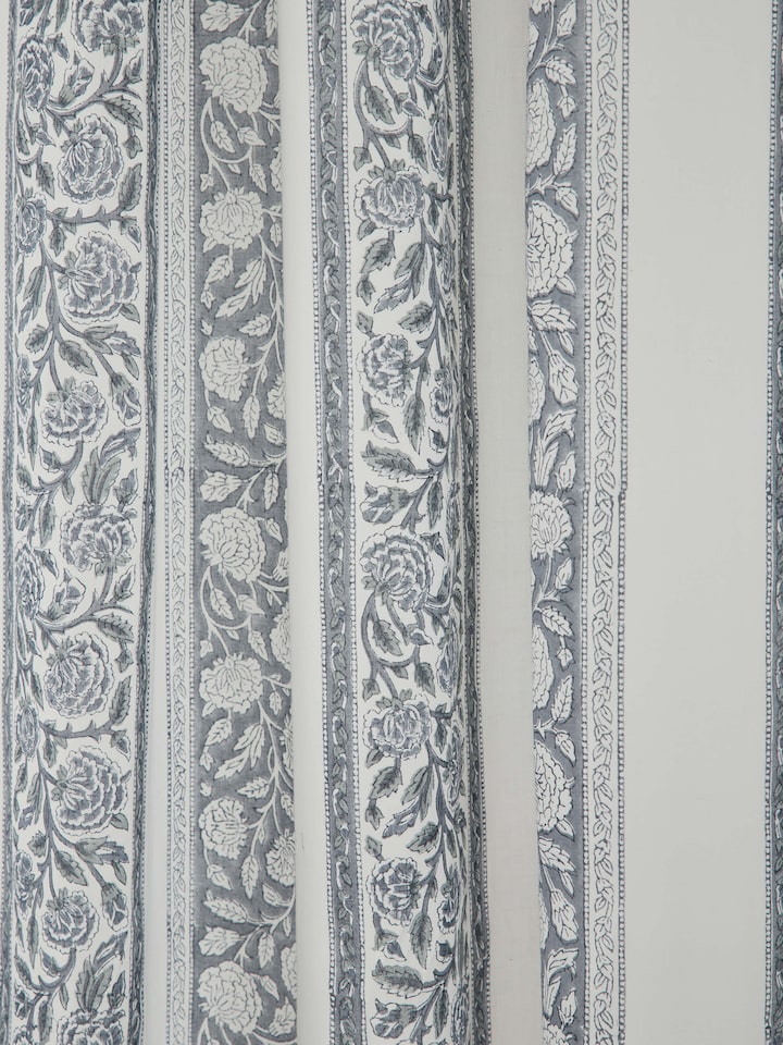 Saha grey floral stripe cotton Sanganeri block printed sheer curtain (9 ft) hanging to show the drape and floral stripe pattern.