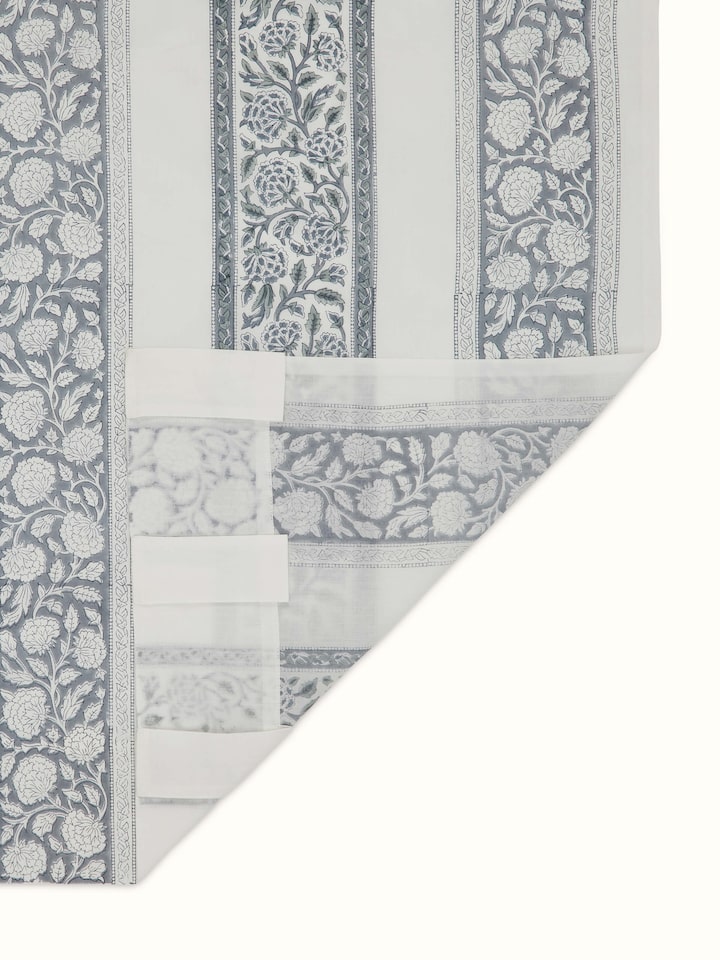 Close-up of Saha grey floral stripe cotton Sanganeri block printed sheer curtain (9 ft) displaying the texture and floral pattern.