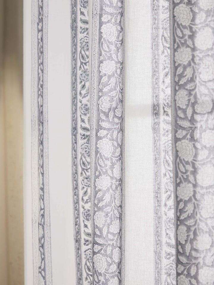 Saha grey floral cotton Sanganeri block printed sheer curtain (7 ft) with overall view.