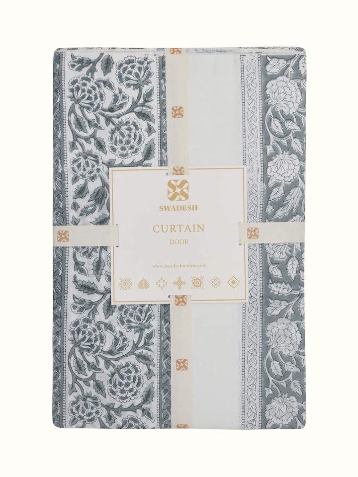 Saha grey floral cotton Sanganeri block printed sheer curtain (7 ft) with detailed view.