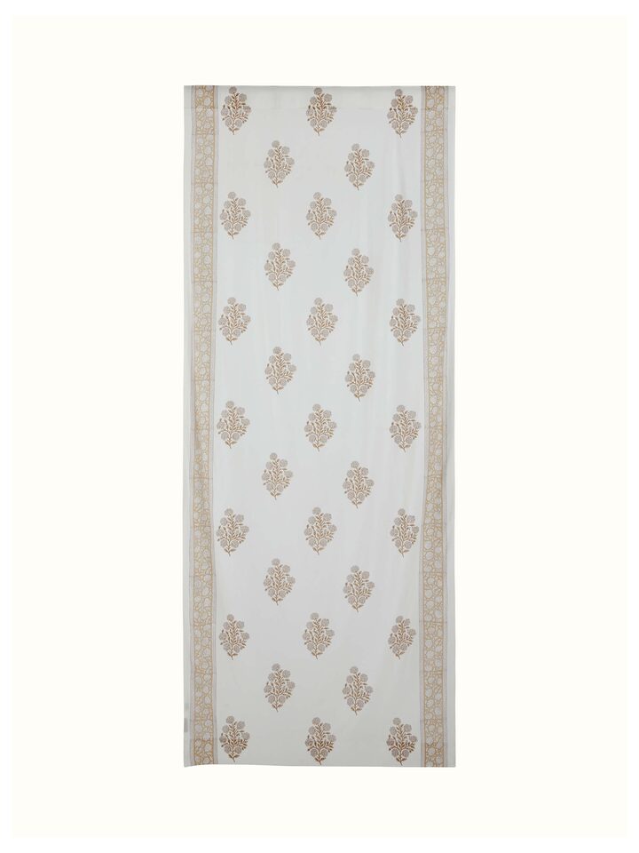 Front view of Saha brown floral buta cotton Sanganeri block printed sheer curtain hanging, showcasing intricate floral patterns