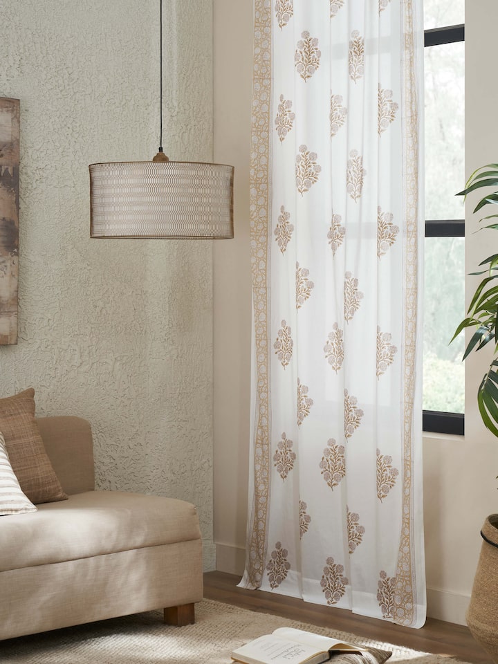 Close-up of Saha brown floral buta cotton Sanganeri block printed sheer curtain, highlighting detailed block print design