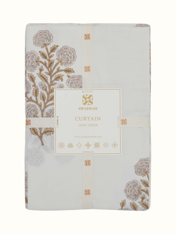 Side view of Saha brown floral buta cotton Sanganeri block printed sheer curtain displaying its fabric drape and floral pattern