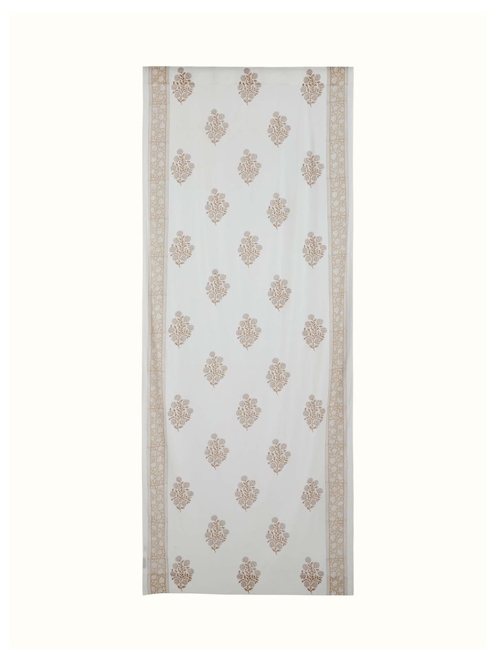 Side view of Sanjhi Brown Floral Cotton Sanganeri Block Printed Sheer Curtain (7 ft) highlighting the sheer fabric and intricate design.