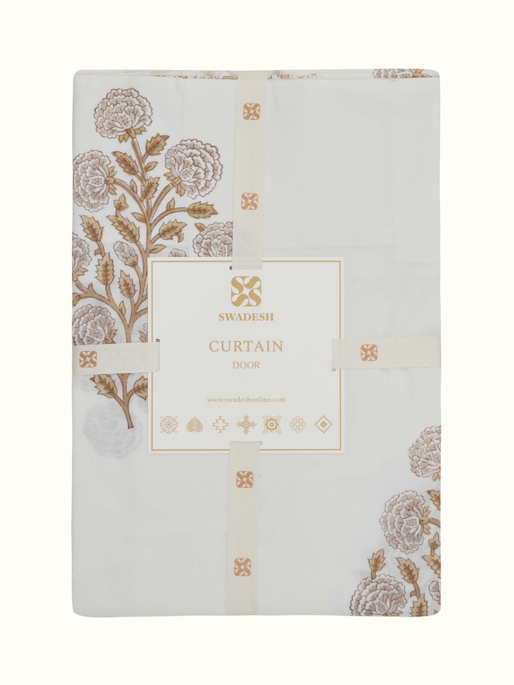 Detailed shot of Sanjhi Brown Floral Cotton Sanganeri Block Printed Sheer Curtain (7 ft) capturing the elegant floral pattern and sheer quality.
