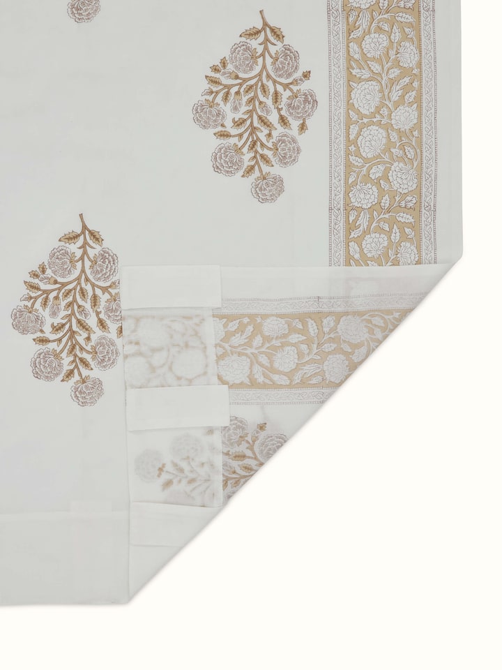 Back side view of Sanjhi Brown Floral Cotton Sanganeri Block Printed Sheer Curtain (7 ft) emphasizing the detailed block print and fabric texture.