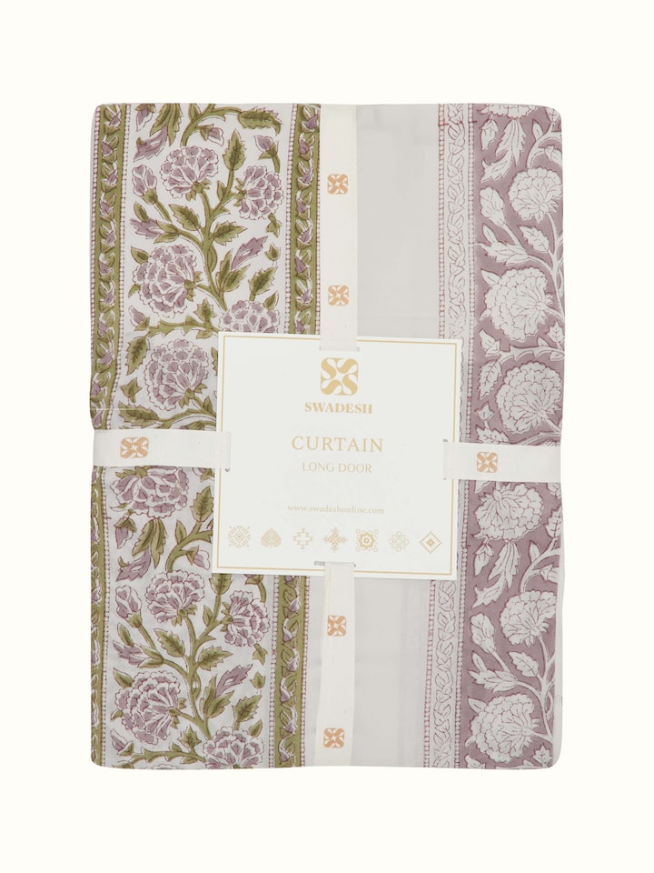 Detailed view of Sanjhi light purple floral border cotton Sanganeri block printed sheer curtain (9 ft) showing the texture and print.