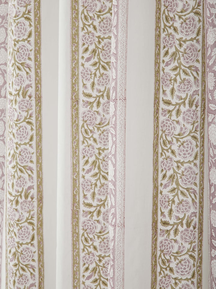 Sanjhi light purple floral border cotton Sanganeri block printed sheer curtain (9 ft) folded to show the print and fabric quality.