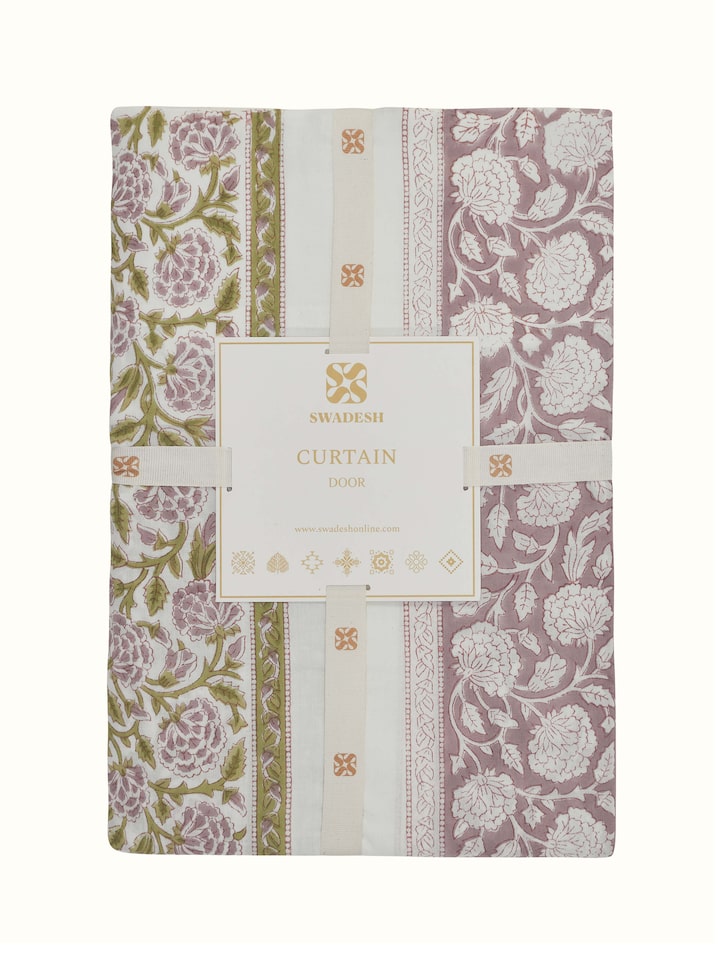 Side view of Sanjhi light purple floral border cotton Sanganeri block printed sheer curtain, demonstrating its drape and design details
