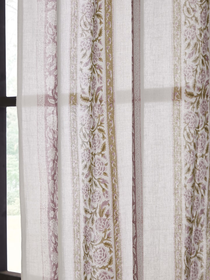 Back view of Sanjhi light purple floral border cotton Sanganeri block printed sheer curtain, illustrating the fabric and design consistency