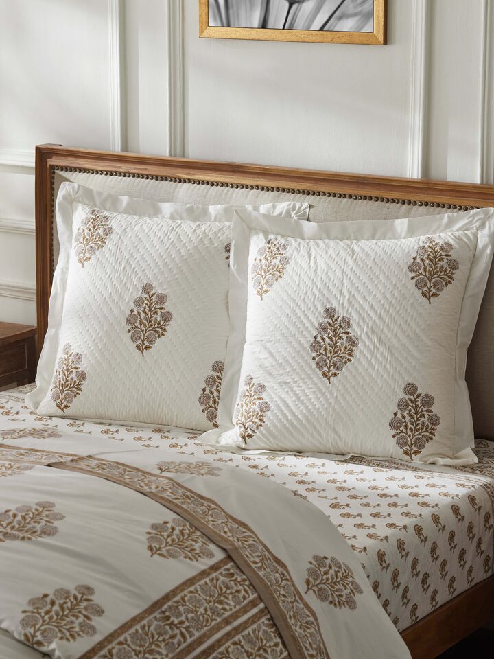 Side view of Saha Brown Buta Stripe Cotton Sanganeri Block Printed Cushion Covers (2 pcs) displaying the block print.